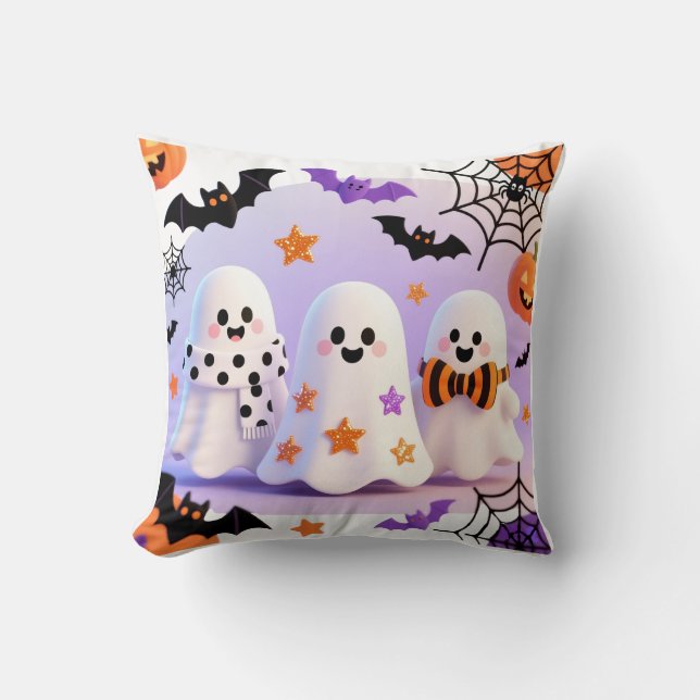 Trio of Playful Cartoon Ghosts Throw Pillow (Front)