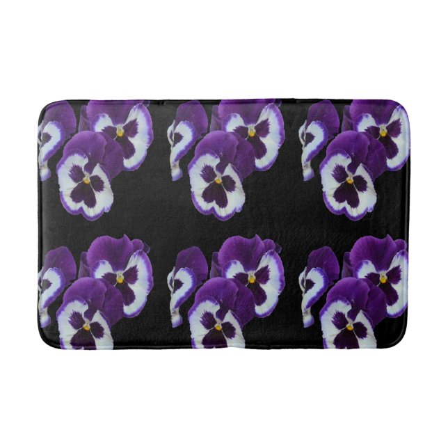 Trio of Purple White Pansy Blooms: Natures Harmony Bath Mat (Front)