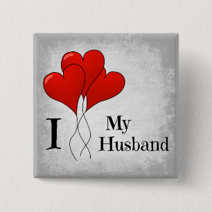 Trio of Red Heart Balloons I Love My Husband 2 Inch Square Button