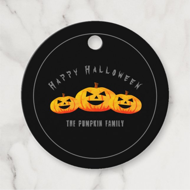 Trio Pumpkins Halloween Black Round Favour Tag (Front)