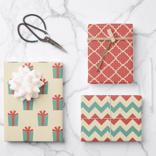 Trio Retro Christmas Wrapping Paper Sheets (Front)