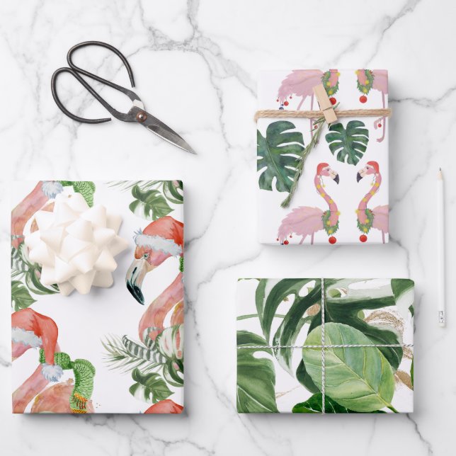 Trio Tropical Pink Christmas Flamingo Santa Hat Wrapping Paper Sheet (Front)