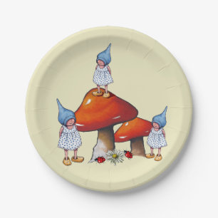 Tripet Gnomes Girl, Toadstool Original Fantasy Art Paper Plate