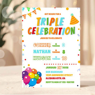 Triple Birthday Invitation Sibling Joint Party