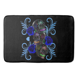 Triple Black Day Of The Dead Skulls Blue Roses Bath Mat