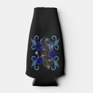 Triple Black Day Of The Dead Skulls Blue Roses Bottle Cooler