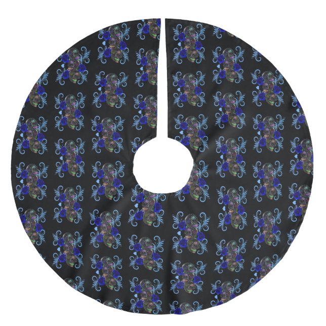 Triple Black Day Of The Dead Skulls Blue Roses Brushed Polyester Tree Skirt (Front)