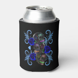 Triple Black Day Of The Dead Skulls Blue Roses Can Cooler
