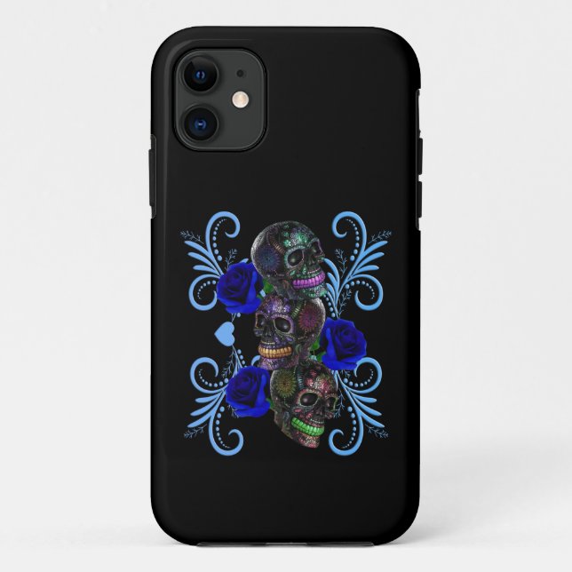 Triple Black Day Of The Dead Skulls Blue Roses Case-Mate iPhone Case (Back)