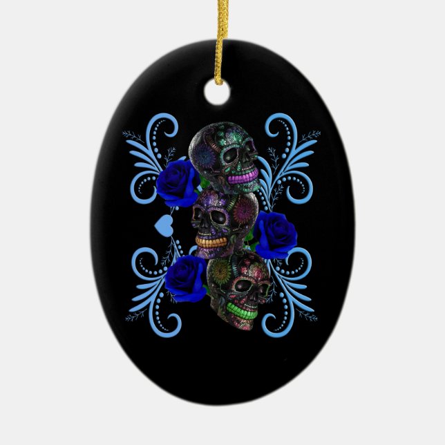 Triple Black Day Of The Dead Skulls Blue Roses Ceramic Ornament (Front)