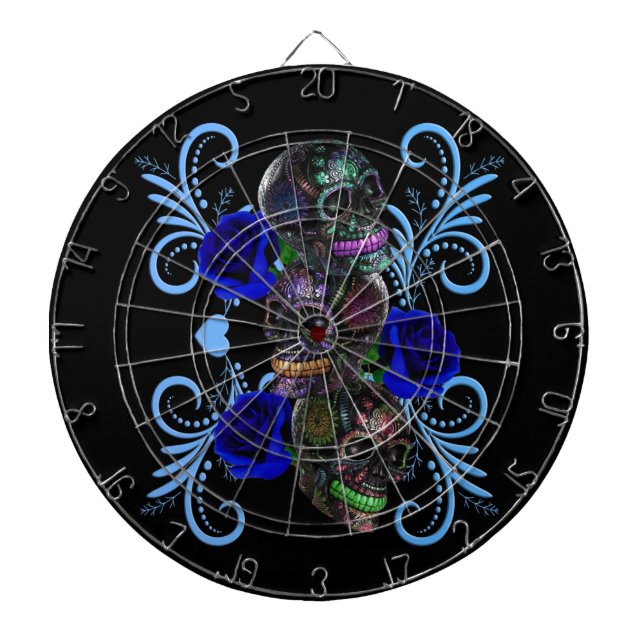 Triple Black Day Of The Dead Skulls Blue Roses Dartboard (Front)
