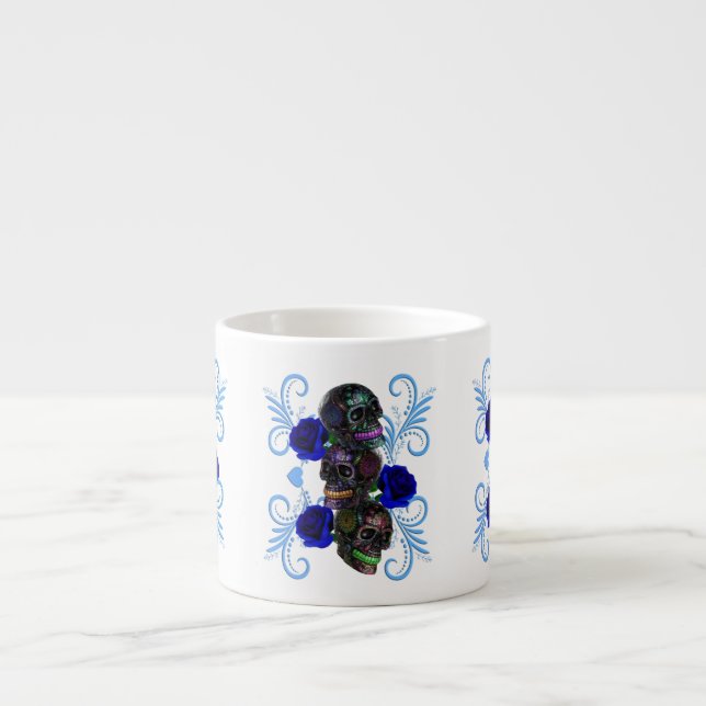 Triple Black Day Of The Dead Skulls Blue Roses Espresso Cup (Front)