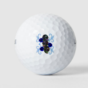 Triple Black Day Of The Dead Skulls Blue Roses Golf Balls