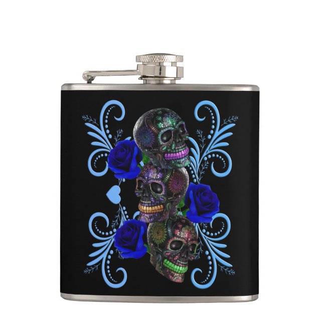 Triple Black Day Of The Dead Skulls Blue Roses Hip Flask (Front)