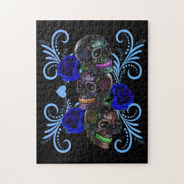 Triple Black Day Of The Dead Skulls Blue Roses Jigsaw Puzzle (Vertical)