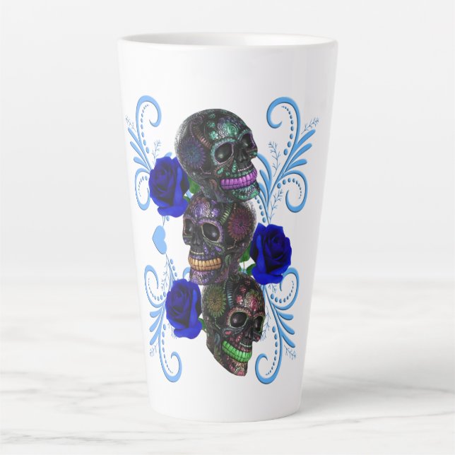 Triple Black Day Of The Dead Skulls Blue Roses Latte Mug (Front)