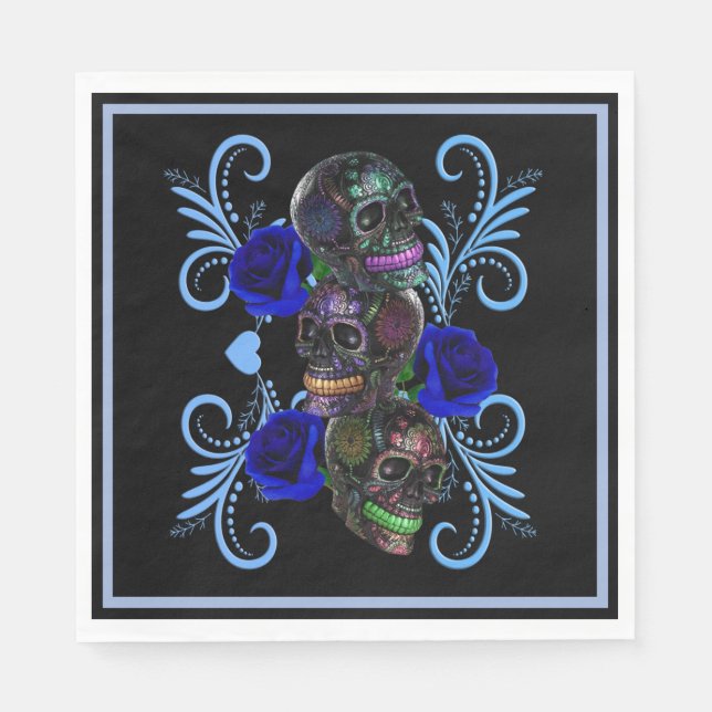 Triple Black Day Of The Dead Skulls Blue Roses Napkin (Front)