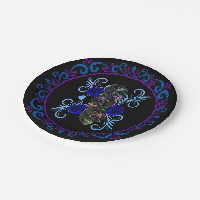 Triple Black Day Of The Dead Skulls Blue Roses Paper Plate (Angled)