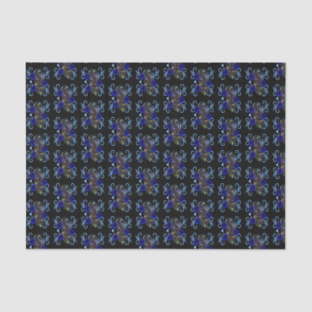 Triple Black Day Of The Dead Skulls Blue Roses Tissue Paper (Front)