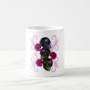 Triple Black Day Of The Dead Skulls Pink Roses Coffee Mug