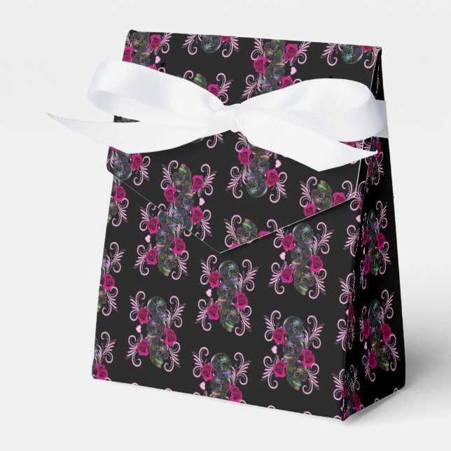 Triple Black Day Of The Dead Skulls Pink Roses Favor Box (Front Side)