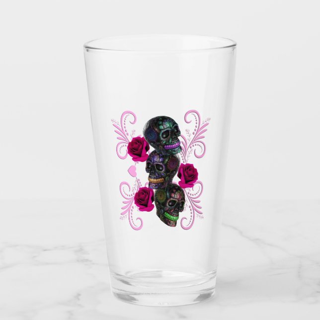 Triple Black Day Of The Dead Skulls Pink Roses Glass (Front)