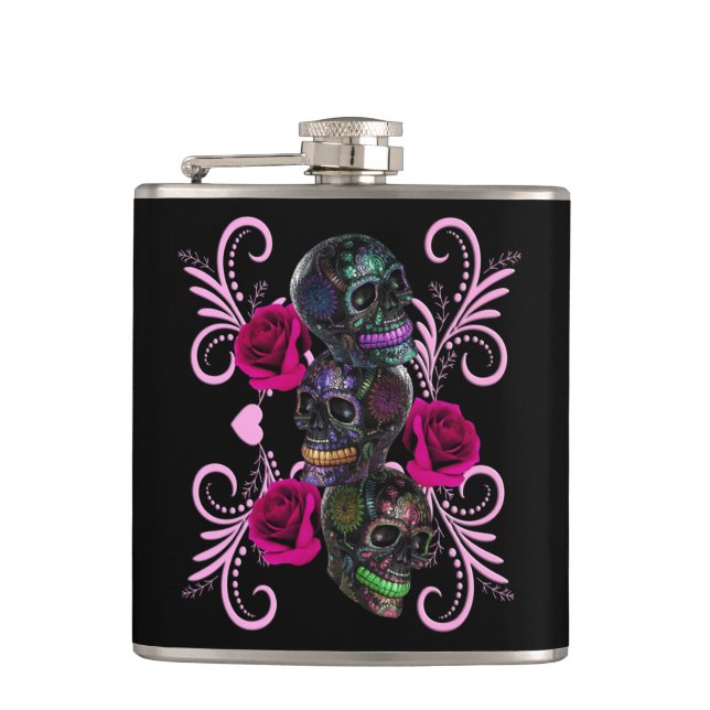 Triple Black Day Of The Dead Skulls Pink Roses Hip Flask (Front)