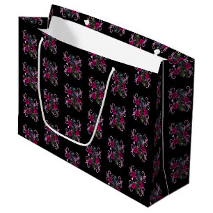 Triple Black Day Of The Dead Skulls Pink Roses Large Gift Bag