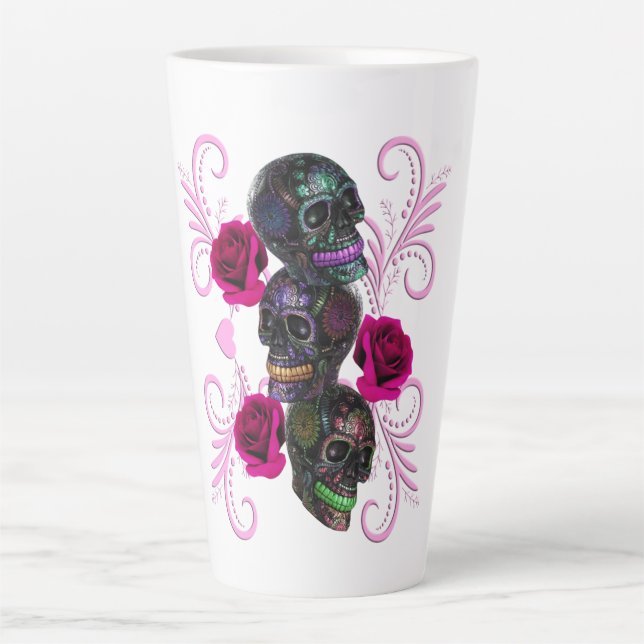 Triple Black Day Of The Dead Skulls Pink Roses Latte Mug (Front)