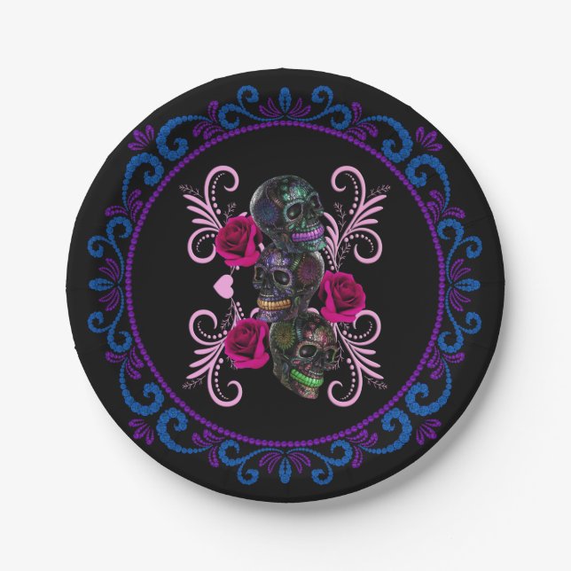 Triple Black Day Of The Dead Skulls Pink Roses Paper Plate (Front)