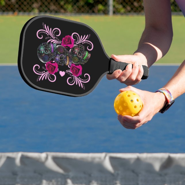 Triple Black Day Of The Dead Skulls Pink Roses Pickleball Paddle (Insitu)