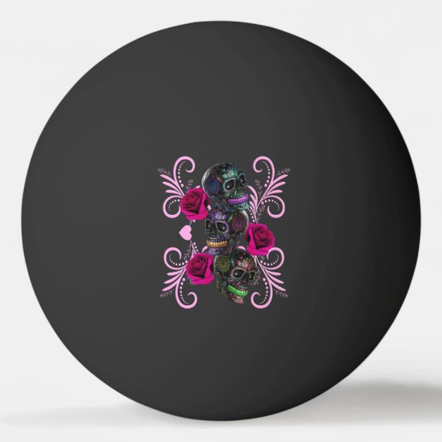 Triple Black Day Of The Dead Skulls Pink Roses Ping Pong Ball (Front)