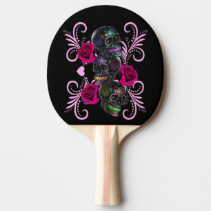 Triple Black Day Of The Dead Skulls Pink Roses Ping Pong Paddle