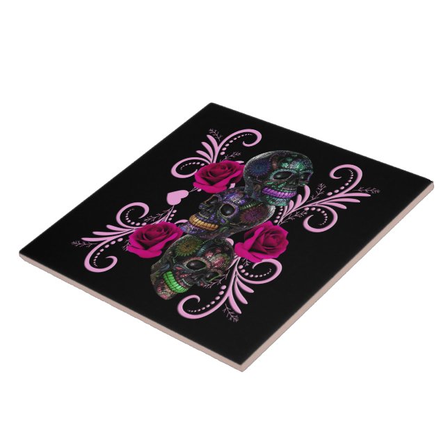 Triple Black Day Of The Dead Skulls Pink Roses Tile (Side)