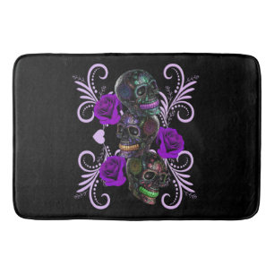 Triple Black Day Of The Dead Skulls Purple Roses Bath Mat
