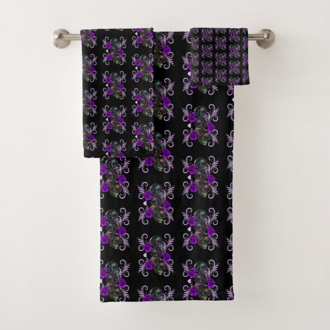 Triple Black Day Of The Dead Skulls Purple Roses Bath Towel Set (Insitu)