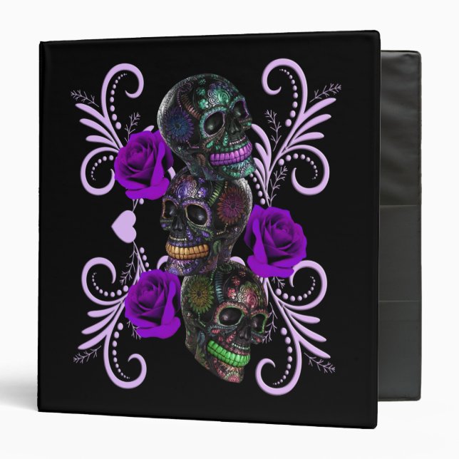 Triple Black Day Of The Dead Skulls Purple Roses Binder (Front/Inside)