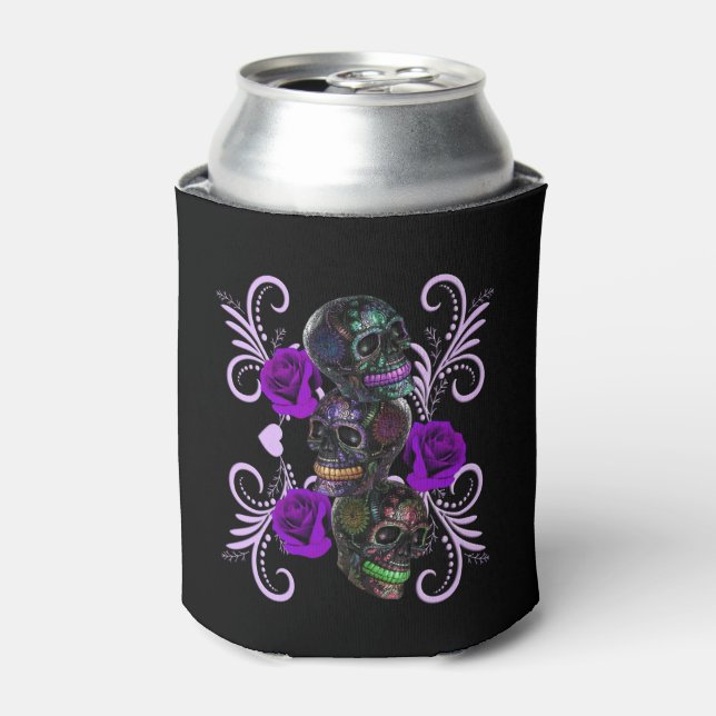 Triple Black Day Of The Dead Skulls Purple Roses Can Cooler (Can Front)