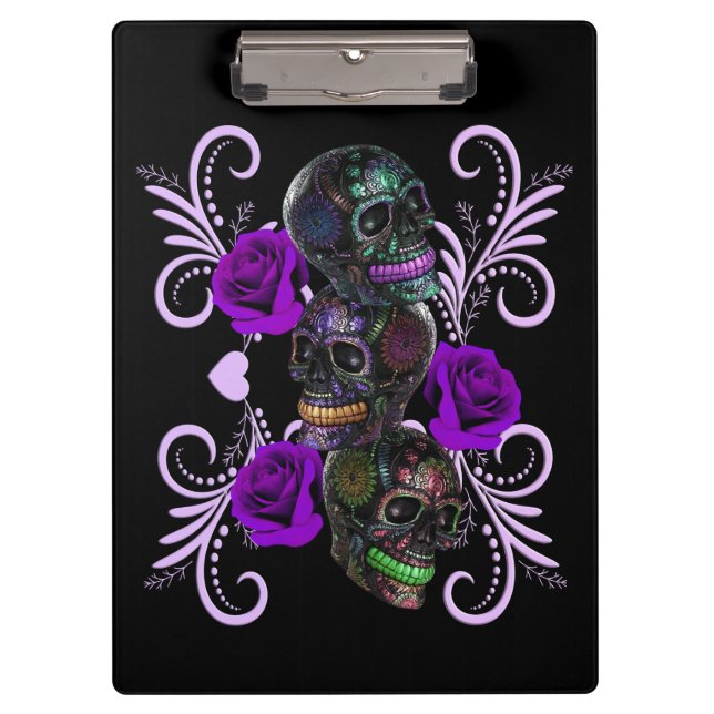 Triple Black Day Of The Dead Skulls Purple Roses Clipboard (Front)