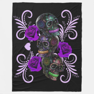 Triple Black Day Of The Dead Skulls Purple Roses Fleece Blanket