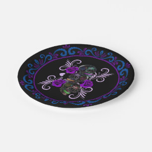 Triple Black Day Of The Dead Skulls Purple Roses Paper Plate