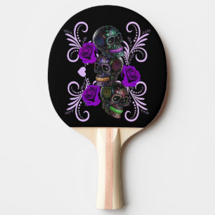 Triple Black Day Of The Dead Skulls Purple Roses Ping Pong Paddle
