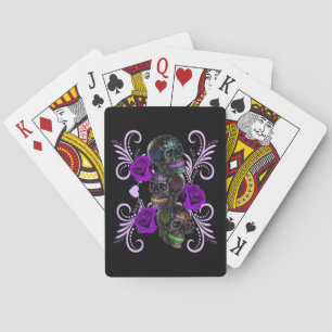 Triple Black Day Of The Dead Skulls Purple Roses Playing Cards
