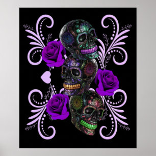 Triple Black Day Of The Dead Skulls Purple Roses Poster