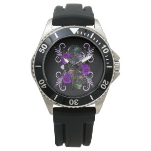 Triple Black Day Of The Dead Skulls Purple Roses Watch