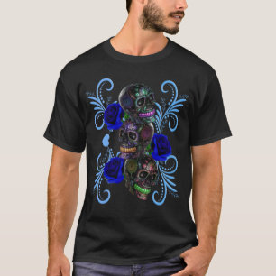 Triple Black Day Of The Dead Skulls With Blue Rose T-Shirt