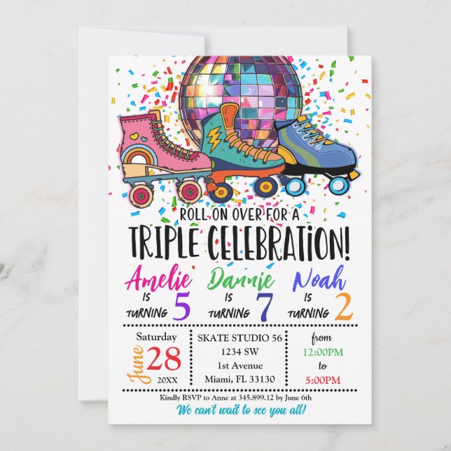 Triple Celebration Roller Skating Disco Invitation (Front)