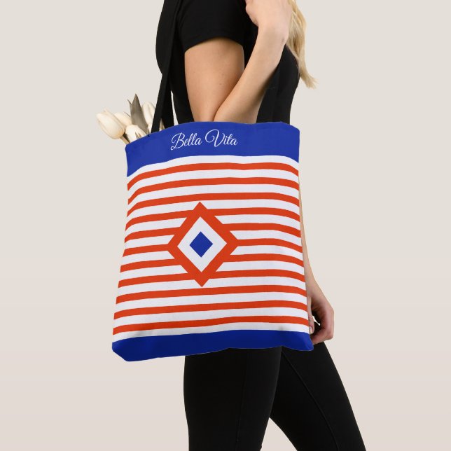 Triple Diamond on Red & White Stripes Tote Bag (Close Up)