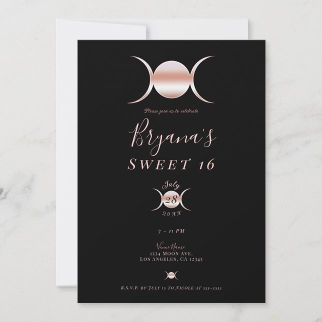 Triple Goddess Moon Cycle Pink & Black Sweet 16  Invitation (Front)