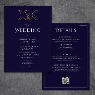 Triple Goddess Wiccan Moon Blue Wedding Two Sided Invitation